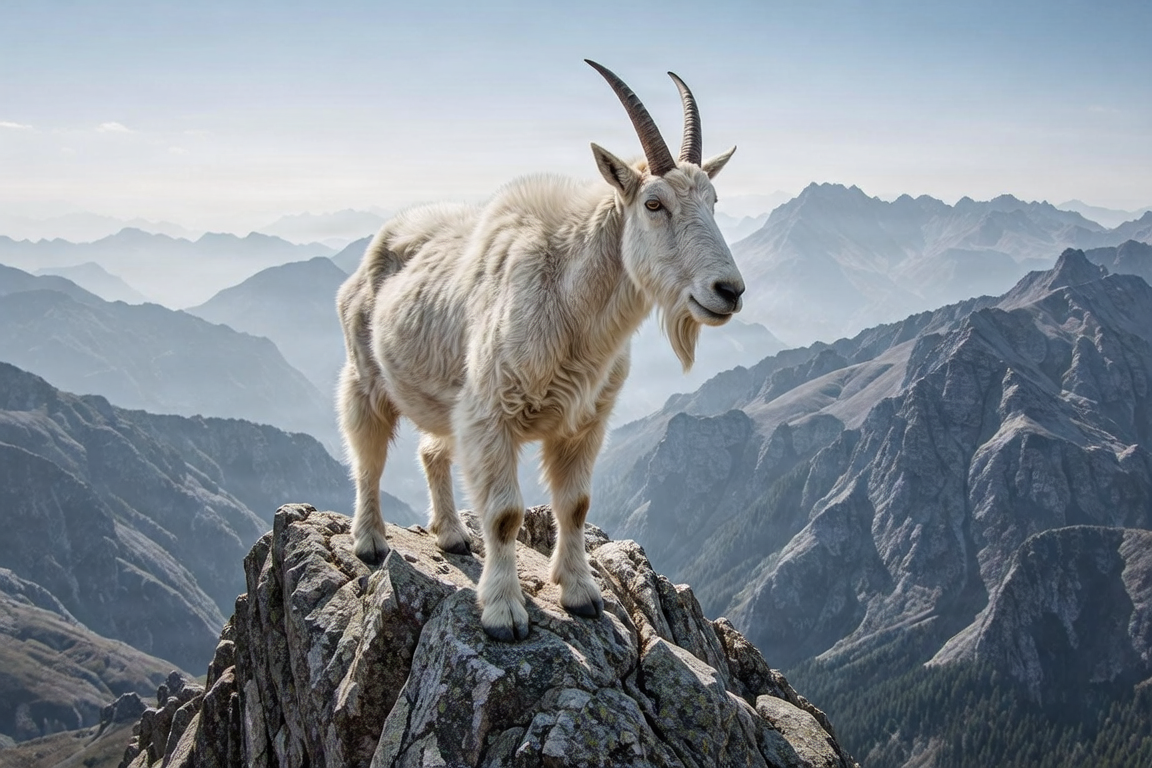 A mountain goat standing on a rocky peak with mountains in the background.